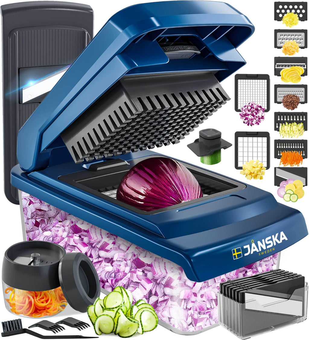 UltraChop All-In-1, 12 Blade Heavy Duty Vegetable Chopper, Food Chopper Container, Spiralizer, Mandoline Slicer Onion Mincer, French Fry And Salad Cutter, Home Essentials & Kitchen Gadgets, Blue