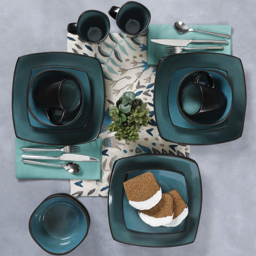 Gibson Elite Soho Lounge Square 16-Piece Dinnerware Set, Service for 4, Reactive Glaze Stoneware Plates and Bowls, Modern Dishes, Microwave & Dishwasher Safe – Red and Black