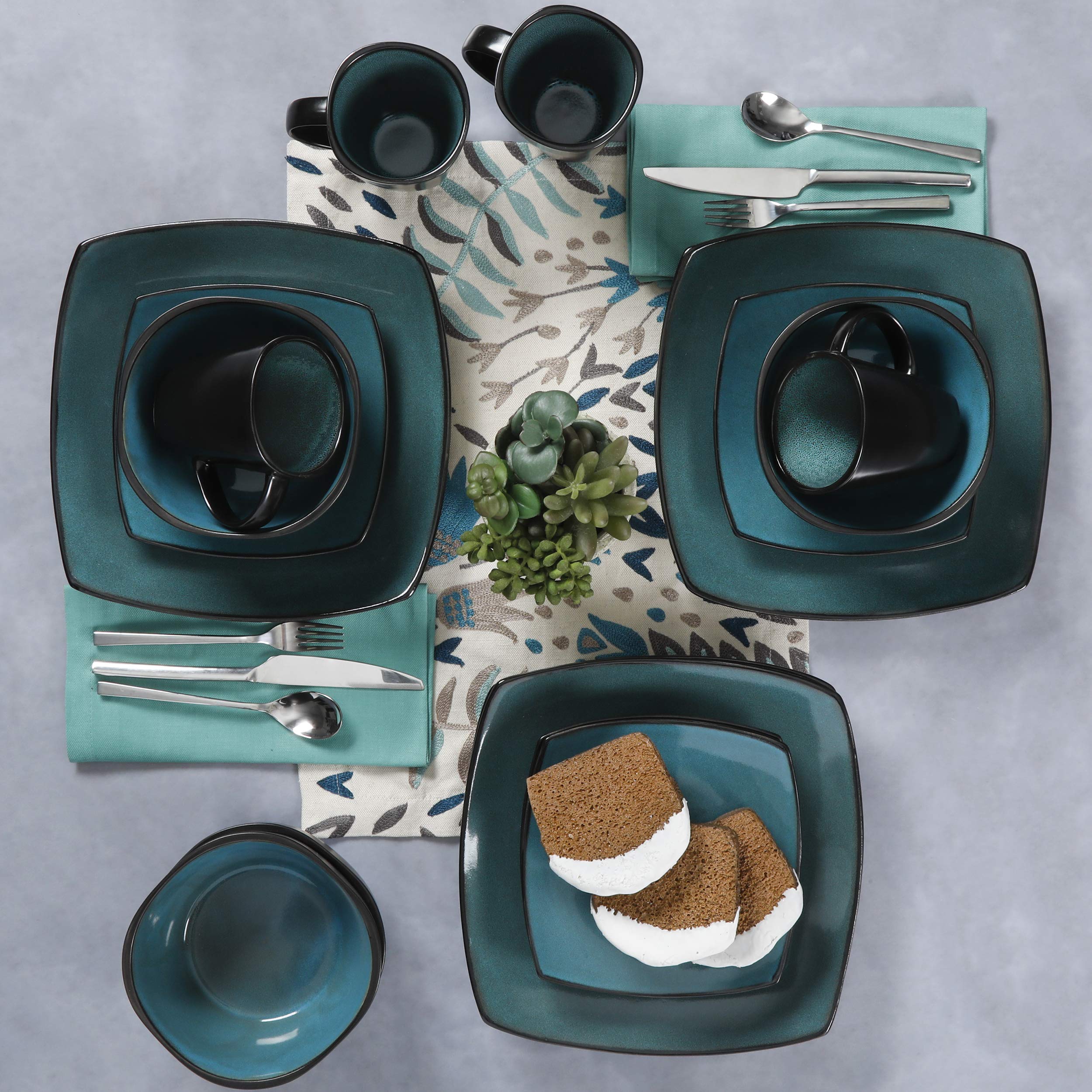 Gibson Elite Soho Lounge Square 16-Piece Dinnerware Set, Service for 4, Reactive Glaze Stoneware Plates and Bowls, Modern Dishes, Microwave & Dishwasher Safe – Red and Black