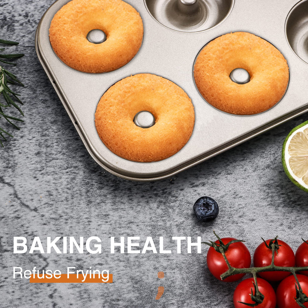 HONGBAKE Donut Pan For Baking, Upgraded Deepened Doughnut Tray, 2 Pack 6 Cavity Mini Bagel Mold for Oven, Nonstick and Heavy Duty - Black