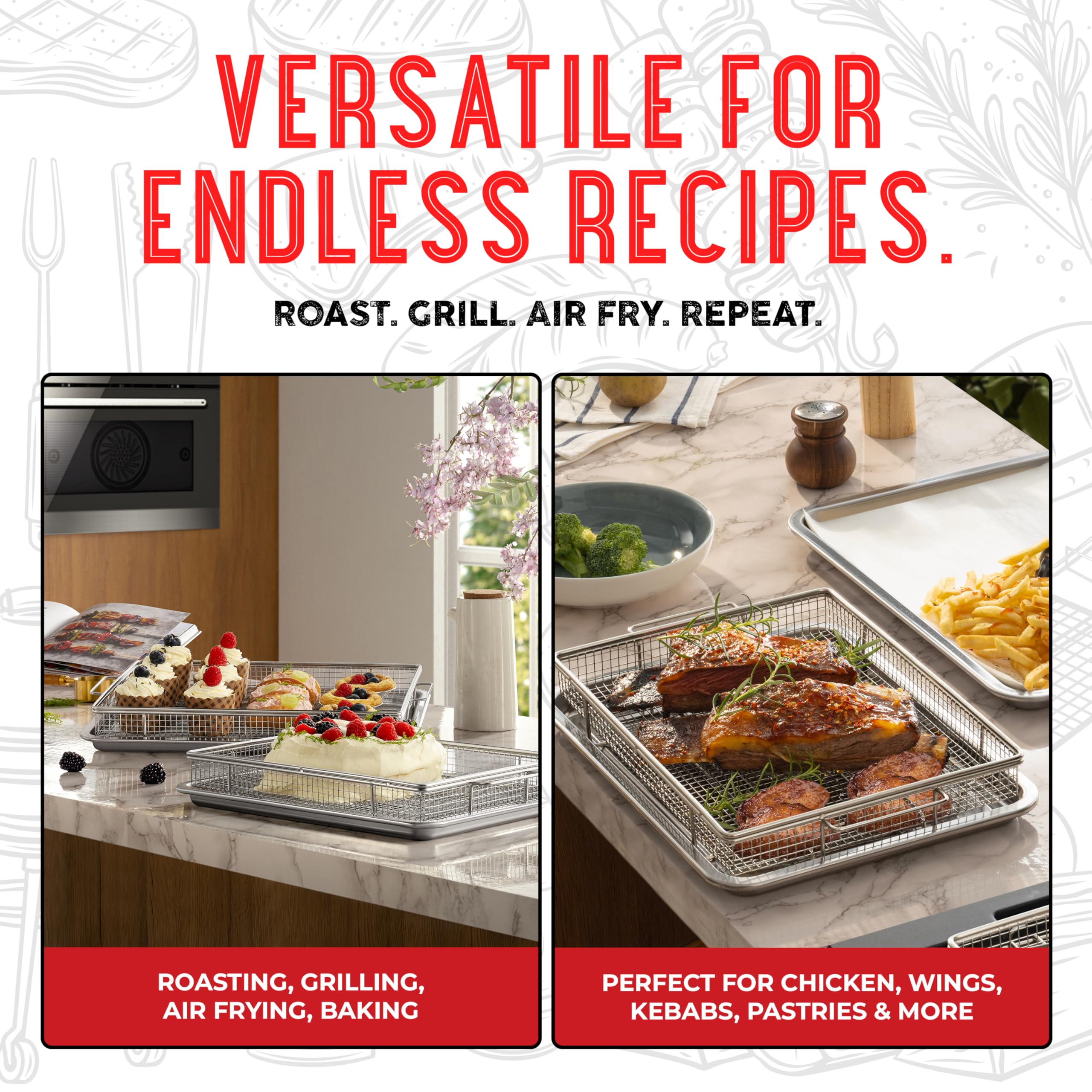 Air Fryer Basket for Oven(Set of 2) – Stainless Steel Air Fryer Tray and Pan Set with 50 Parchment Papers & Food Tongs – Oven Air Fryer Basket and Tray for Baking, Grilling, Crisping