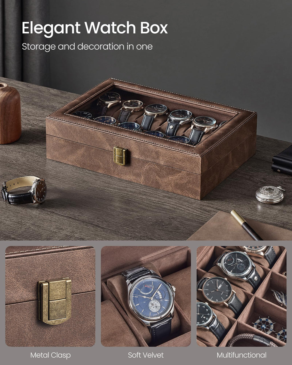 SONGMICS Watch Box, 12-Slot Watch Case Organizer with Large Glass Lid, Removable Pillows, Gift for Loved Ones, Black Synthetic Leather, Gray Lining UJWB12BK