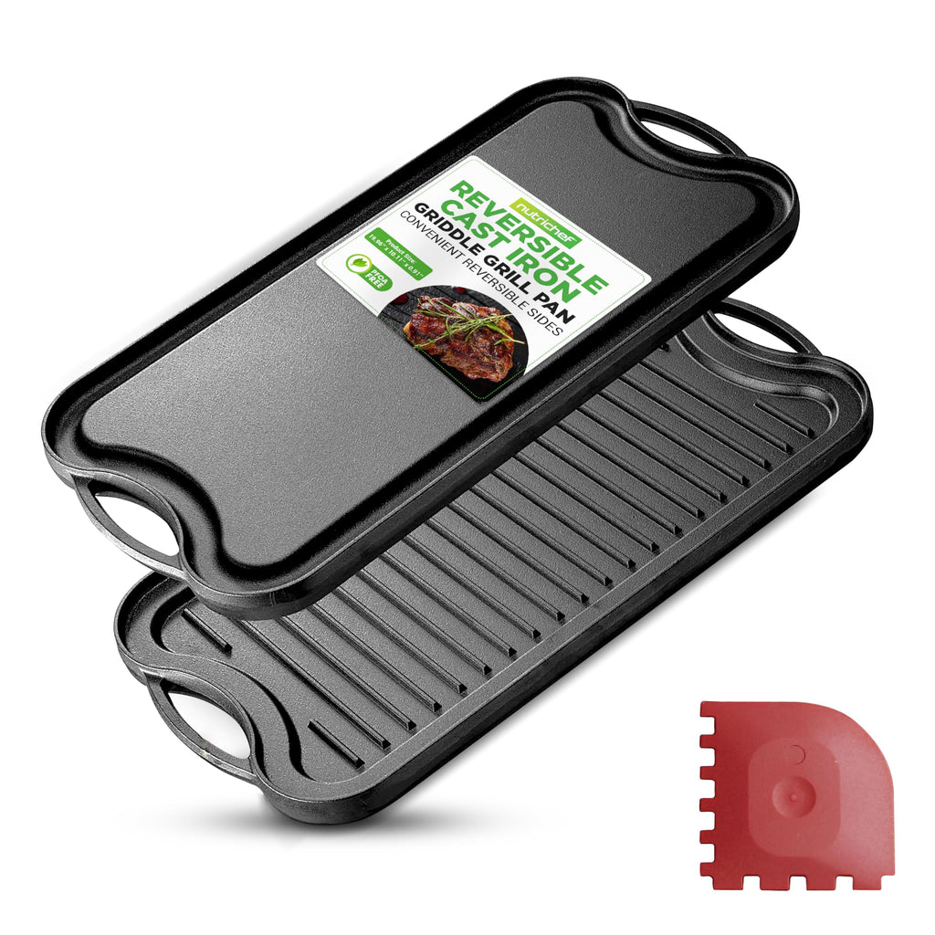 NutriChef Cast Iron Reversible Griddle 18x10 Inch – Pre-Seasoned Flat Top & Ridged Grill Side, Stove Top Griddle for Gas Grill, Outdoor & Indoor Cooking