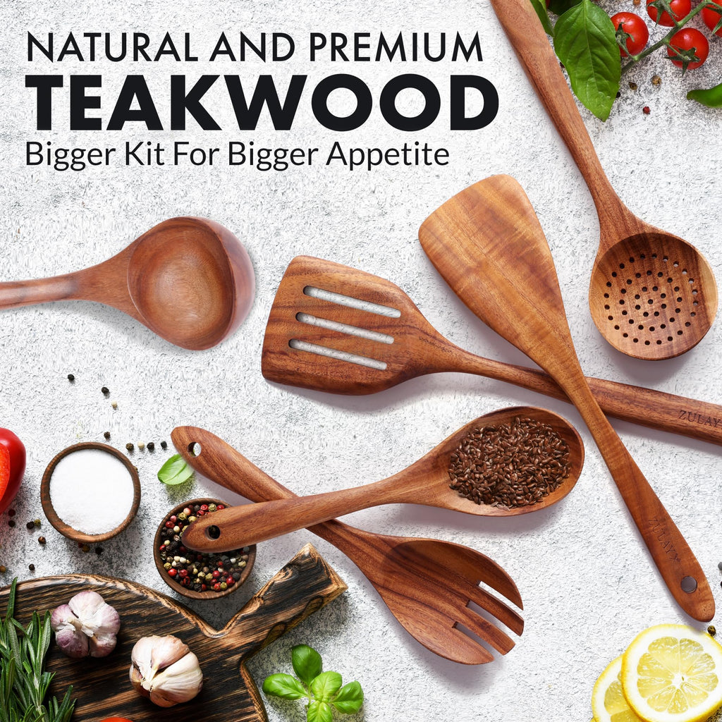 Zulay Kitchen 6 Piece Wooden Spoons for Cooking – Natural Teak Wooden Utensil Set, Easy to Clean, Durable, Smooth with Comfort Grip - Non Toxic Wooden Cooking Utensil Sets
