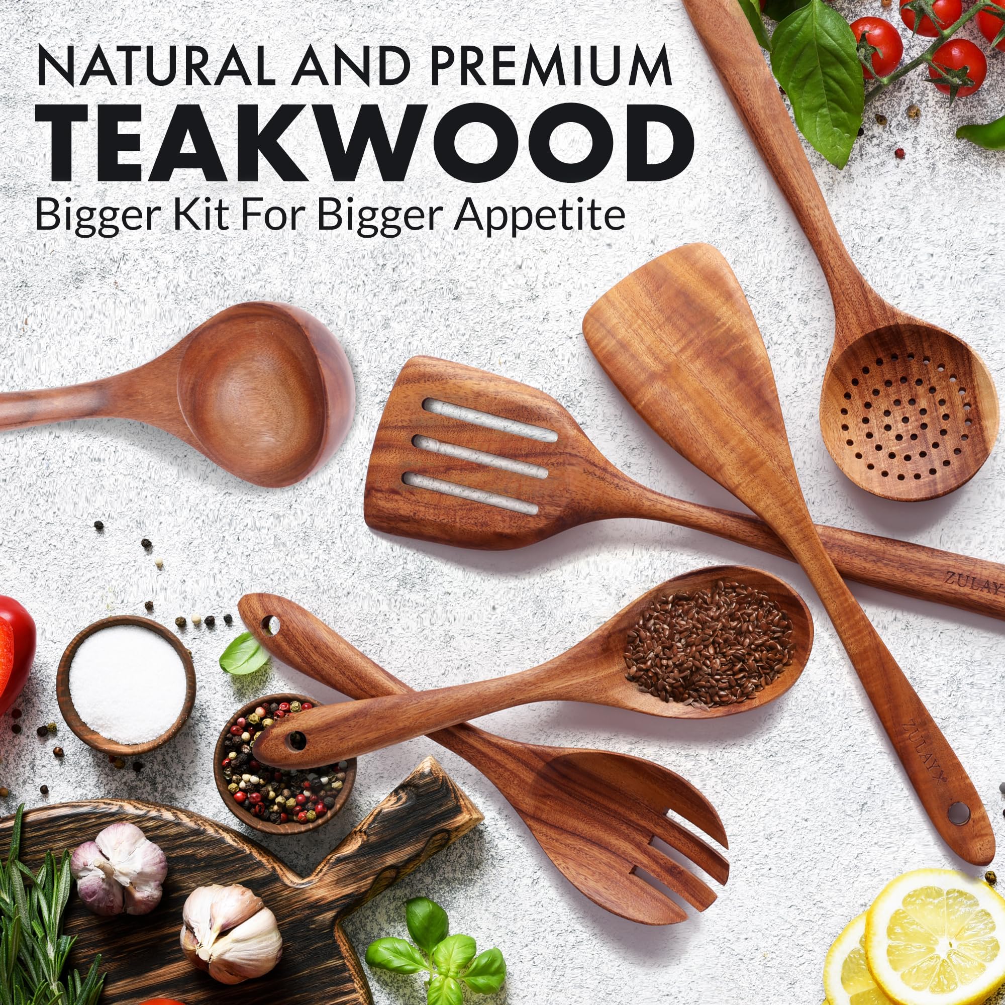 Zulay Kitchen 6 Piece Wooden Spoons for Cooking – Natural Teak Wooden Utensil Set, Easy to Clean, Durable, Smooth with Comfort Grip - Non Toxic Wooden Cooking Utensil Sets