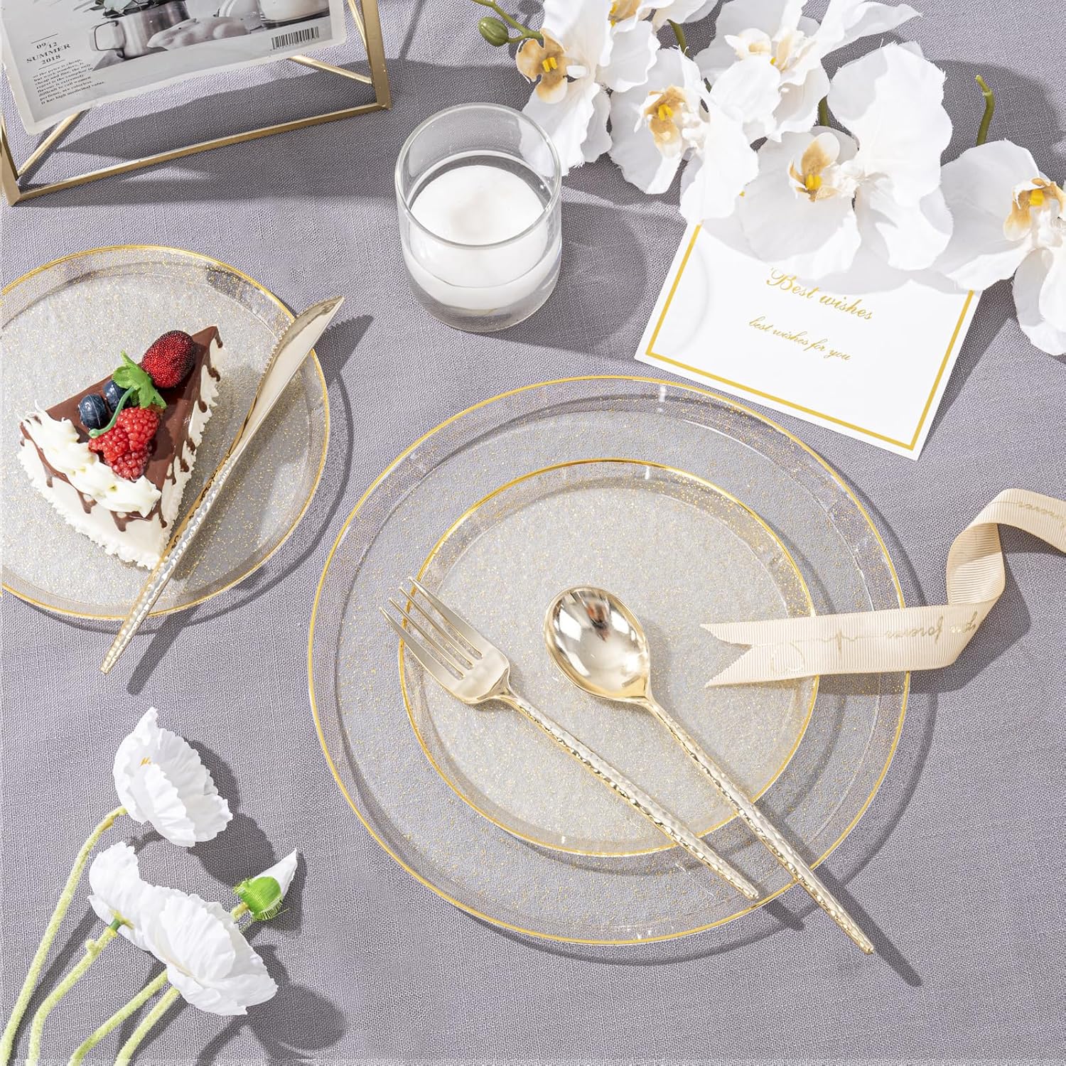 DaYammi 60PCS Gold Plastic Plates- Gold Disposable Platos,gold Party plate Include:30 Glitter plastic Dinner plates 30 Dessert Plate for Party,Plastic Plates for Party & Wedding