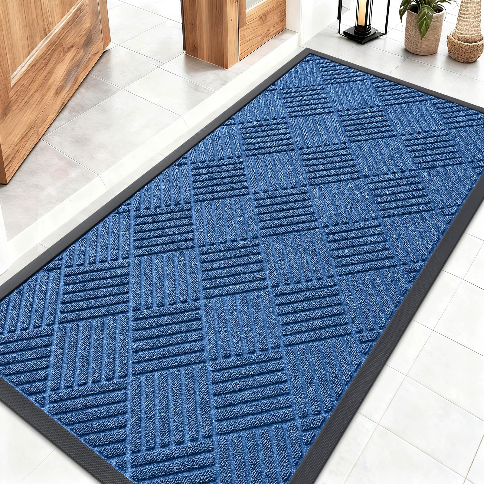 OLANLY Front Door Mat Outside Entrance 29.5x17, Absorbent, Heavy Duty Sturdy Natural Rubber Doormat Indoor Outdoor, Stain and Fade Resistant, Non-Slip Low Profile Floor Mat for Entryway, Grey Diamond