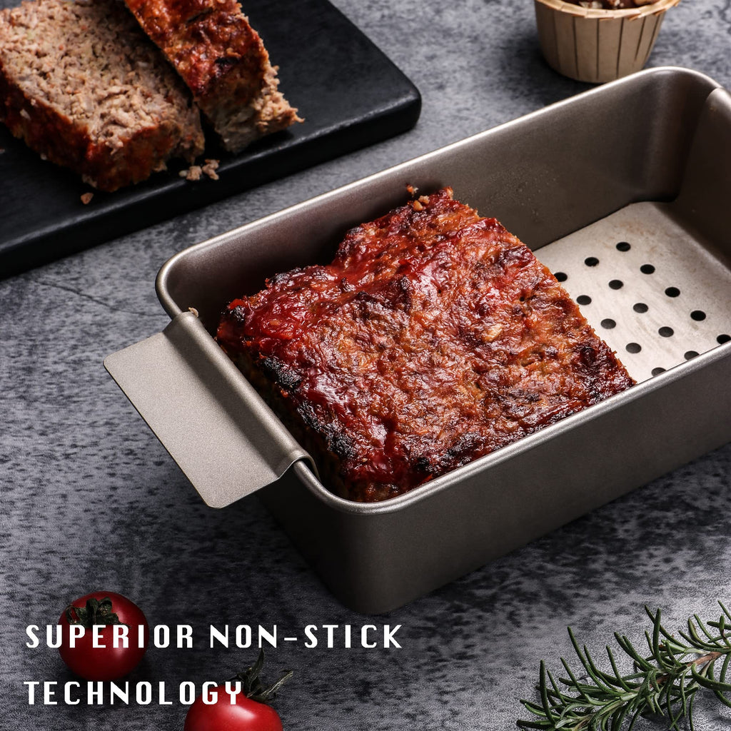 HONGBAKE Meatloaf Pan with Drain Tray, 9 x 5 Inches Loaf Pans with Insert, Nonstick Meat Loaf for Baking, Reduce the Fat and Kick Up the Flavor, Grey