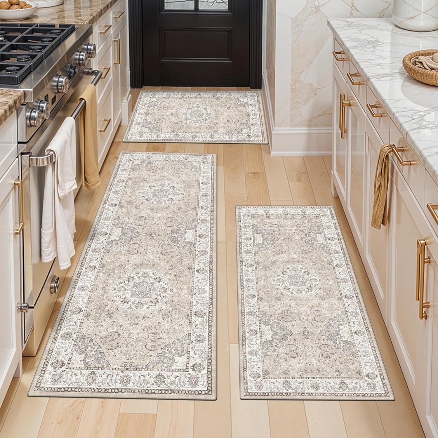 Washable 2x3 Entryway Area Rug - Neutral Kitchen Rug Runner Vintage Soft Floor Mat Non Slip Indoor Farmhouse Carpet for Bathroom Living Room Bedroom (2 X 3, Beige)