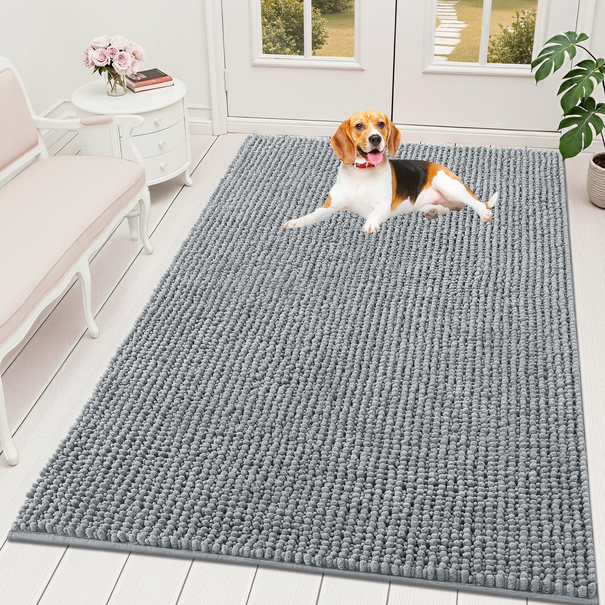 OLANLY Dog Door Mat for Muddy Paws 30x20, Ultra Absorbent Chenille Mud Doormat, Non-Slip Washable and Dirt Trapping Doormat for Indoor Entryway, Quick-Dry Indoor Pet Bed Mats for Dogs, Grey