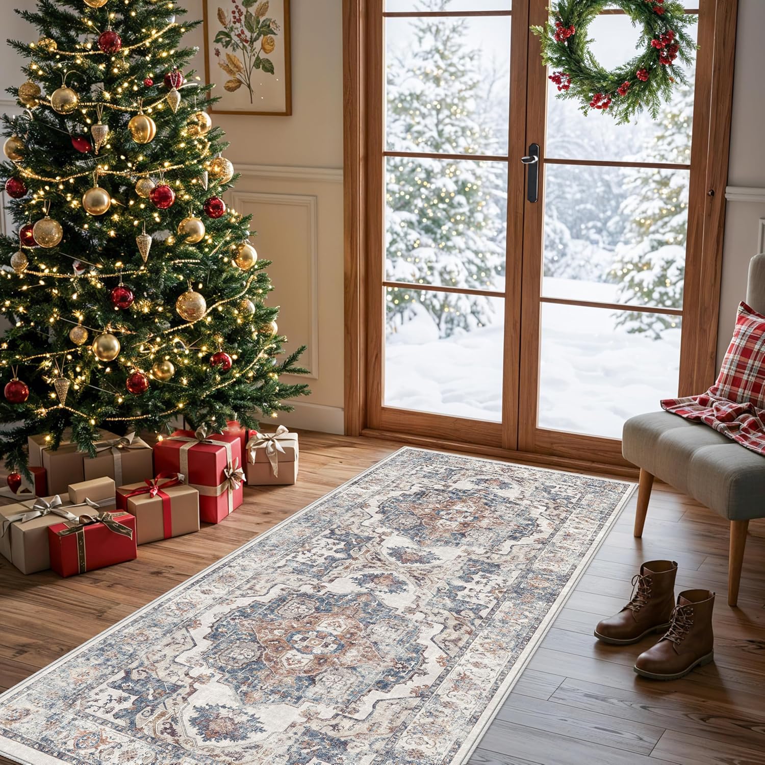 Washable 2x3 Entryway Area Rug - Neutral Kitchen Rug Runner Vintage Soft Floor Mat Non Slip Indoor Farmhouse Carpet for Bathroom Living Room Bedroom (2 X 3, Beige)