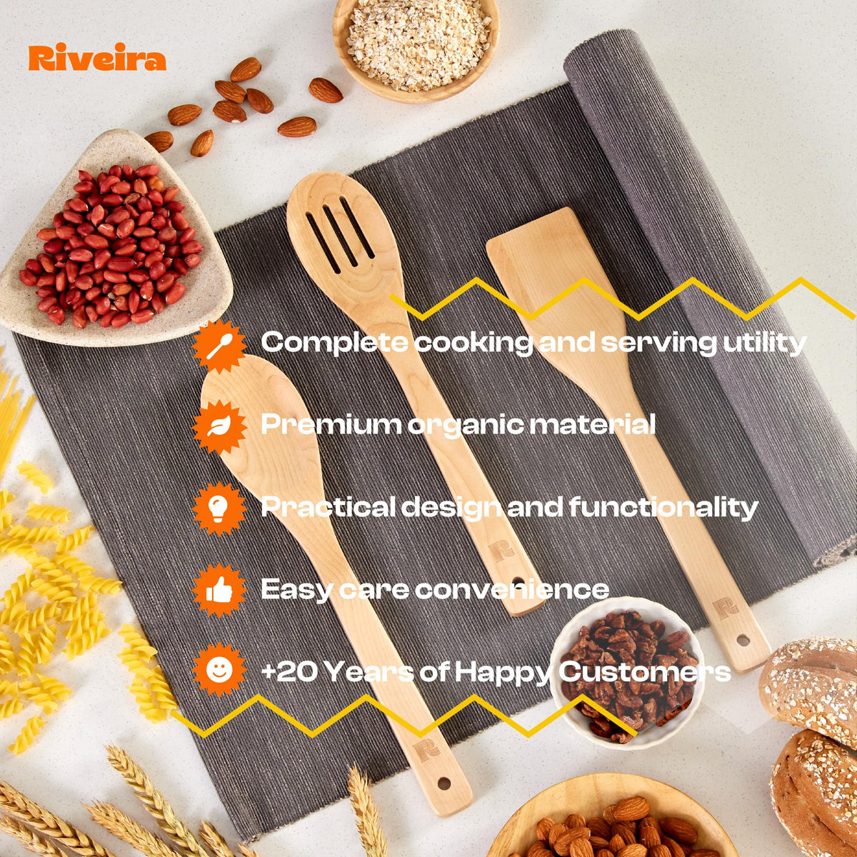 Riveira Dark Bamboo Wooden Spoons for Cooking 6-Piece, Apartment Essentials Wood Spatula Spoon Nonstick Kitchen Utensil Set Premium Quality Housewarming Gifts for Everyday Use