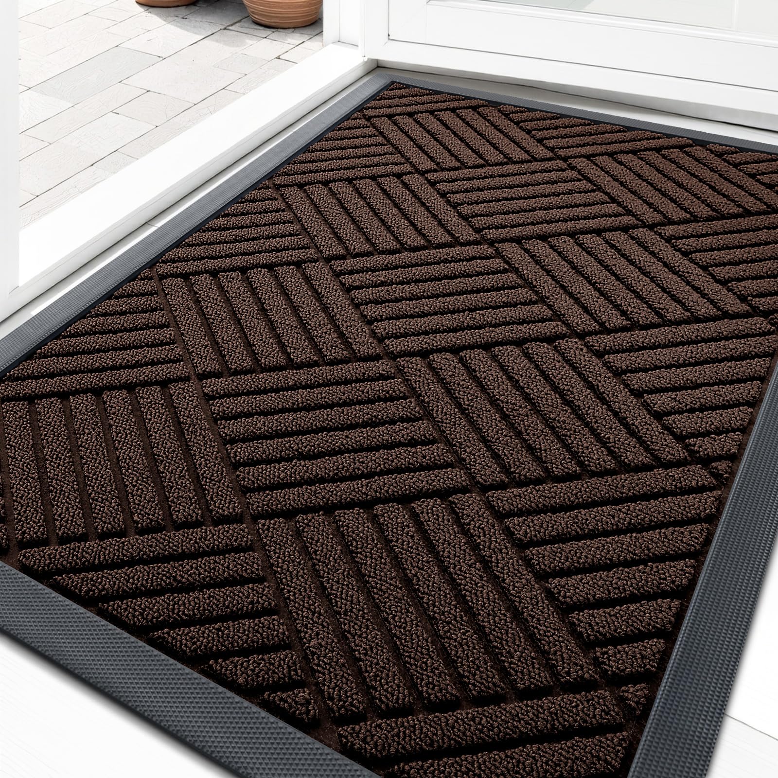 OLANLY Front Door Mat Outside Entrance 29.5x17, Absorbent, Heavy Duty Sturdy Natural Rubber Doormat Indoor Outdoor, Stain and Fade Resistant, Non-Slip Low Profile Floor Mat for Entryway, Grey Diamond