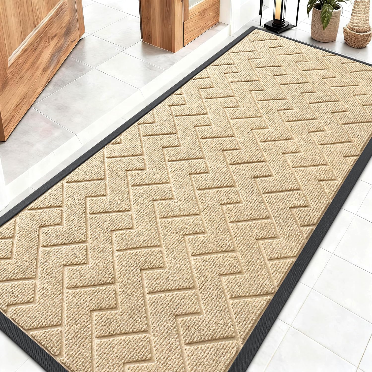 OLANLY Front Door Mat Indoor Outdoor Entrance, Waterproof All-Season, All-Weather Doormat, Sturdy Natural Rubber, Fade Resistant, Low Profile, Easy Clean Patio Porch Entryway Mat, 29.5x17, Beige