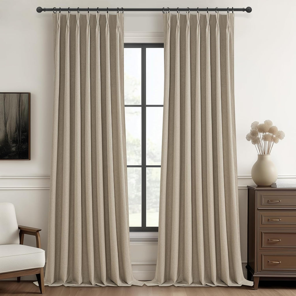 Natural Linen Pinch Pleated Blackout Curtains & Drapes 96 Inch Long Bedroom/Livingroom Farmhouse Curtains 2 Panel Sets, Neutral Track Room Darkening Thermal Insulated 8ft Back Tab Window Curtain