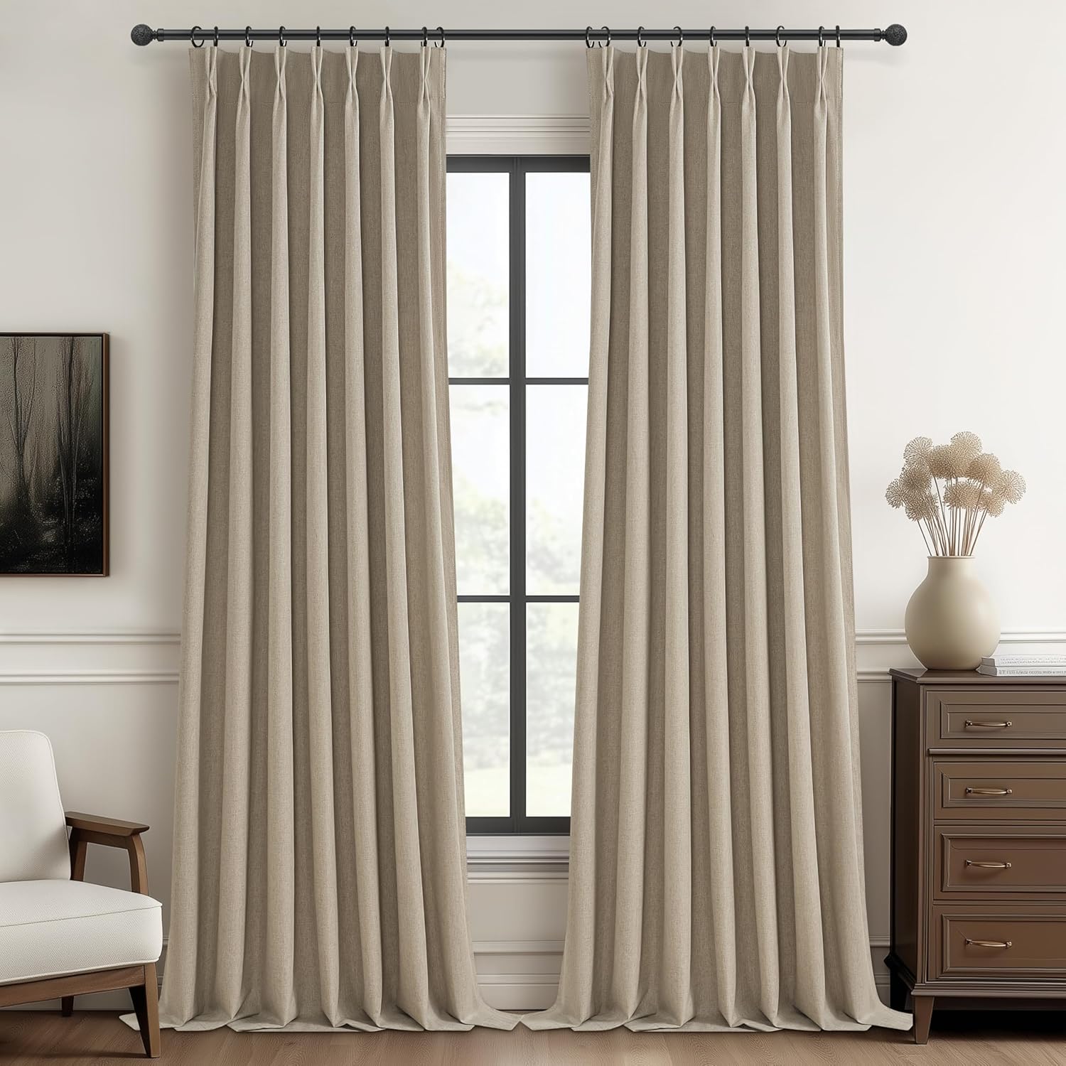 Natural Linen Pinch Pleated Blackout Curtains & Drapes 96 Inch Long Bedroom/Livingroom Farmhouse Curtains 2 Panel Sets, Neutral Track Room Darkening Thermal Insulated 8ft Back Tab Window Curtain