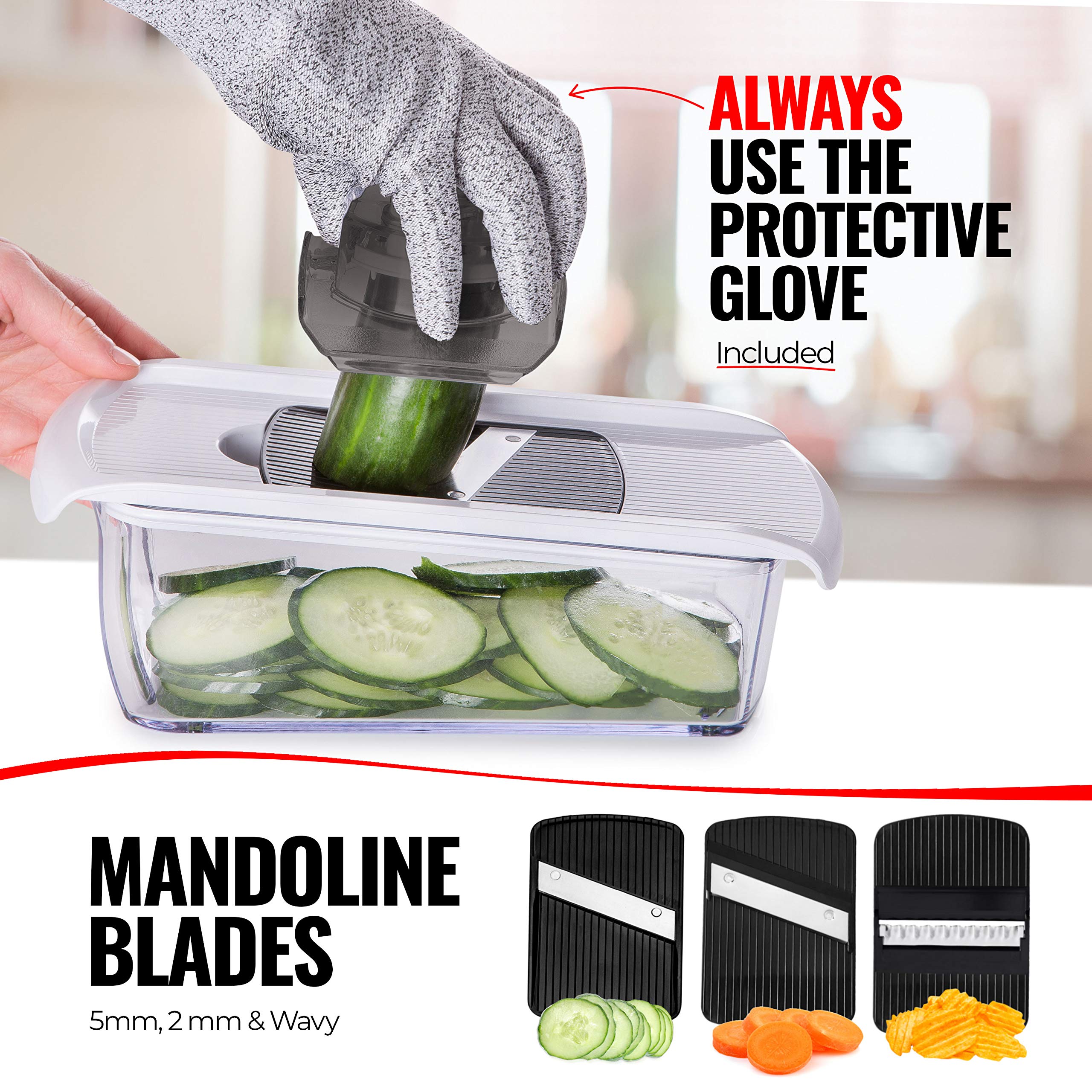 Fullstar Mandoline Slicer for Kitchen, Fruit Cutter, Cheese Grater, Cucumber Slicer, Veggie Spiralizer, Food Cutter & Kitchen Gadgets & Gifts with Safety Glove (6 in 1, White)