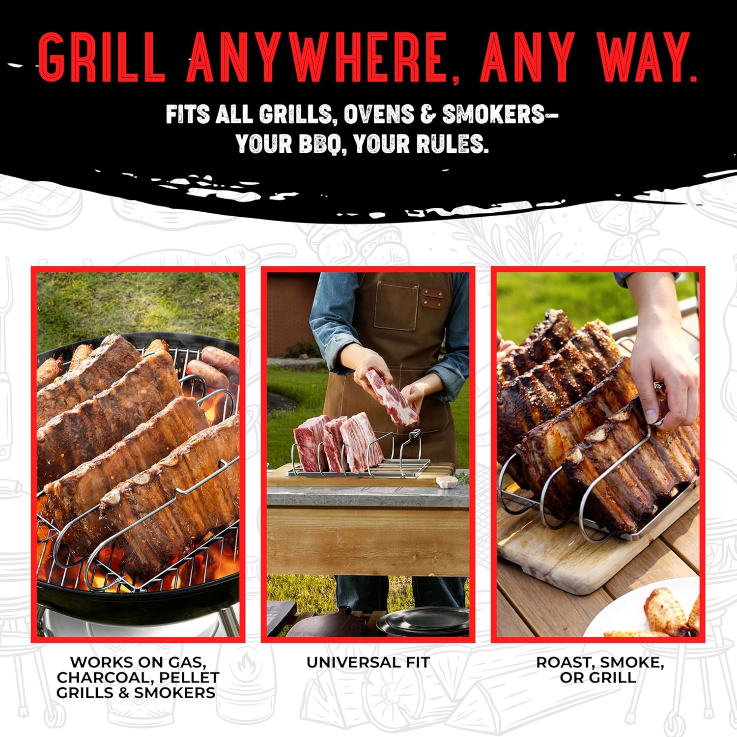 SHIZZO Rib Rack for Smoking & Grilling, Holds up to 4 Full Racks of Ribs, Foldable Design, Fits Large Gas Smoker or Charcoal Grill, Perfect BBQ Accessory, Smoker Accessories, Gifts for Men, Father