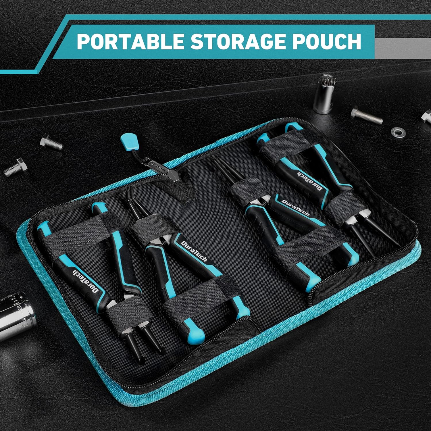 DuraTech 4 PCS Snap Ring Pliers Set, 7 Inch Heavy Duty Internal & External Circlip Pliers Kit with Straight/Bent Jaw, Premium CRV Steel, Precision Spring Loaded C Clip Pliers with Storage Pouch