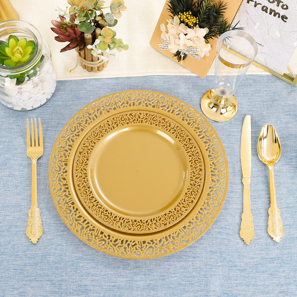 DaYammi 210Pcs White Gold Plastic Plates for Party,Gold Disposable Dinnerware Set Includes 60 gold Floral Plates,30 Plastic Silverware,30 Per Rolled Napkins,30 Cups for Mother's Day Party Wedding