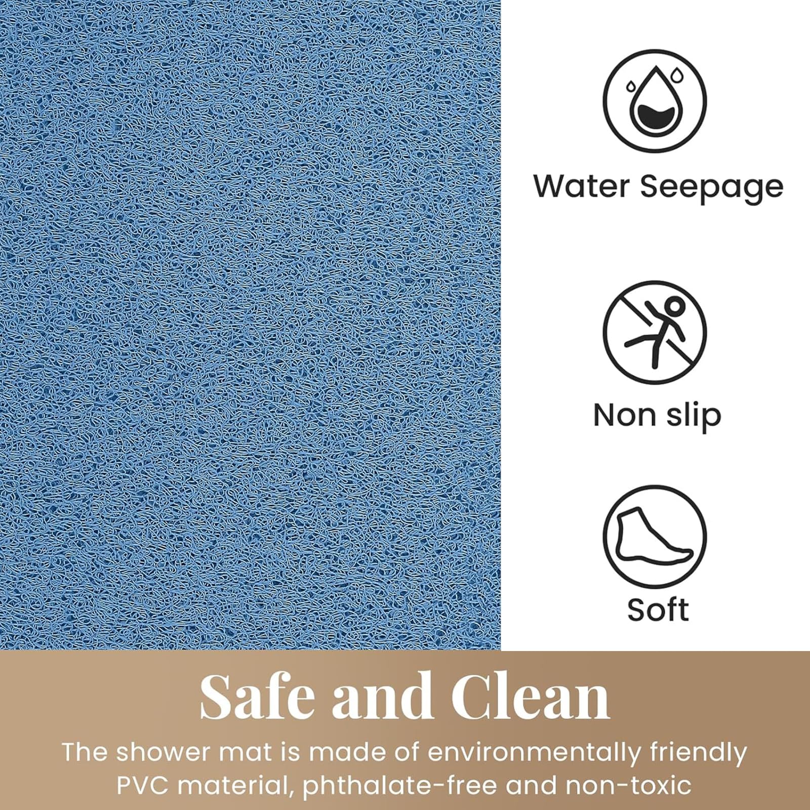 PVC Loofah Shower/Bathtub Mat Non-Slip, 24x16 inch, Soft Tub Mat with Drain, for Tub and Bathroom,Quick Drying,Grey