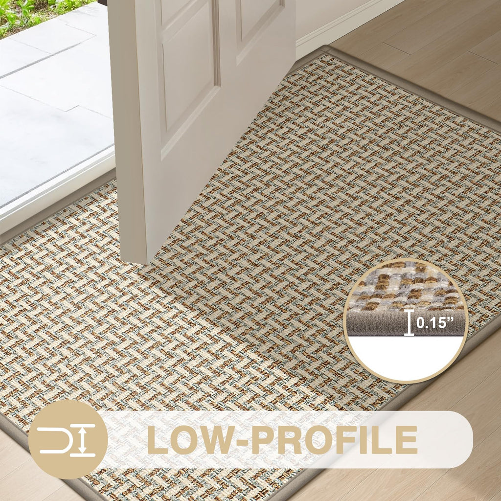 LEKEEPGO Ultra Thin Indoor Door Mat 17"x29", Low-Profile Door Mat Indoor Entrance, Non Slip Rubber Backing Inside Doormat Washable Welcome Front Entryway Dirt Trapper Entry Mat, Khaki