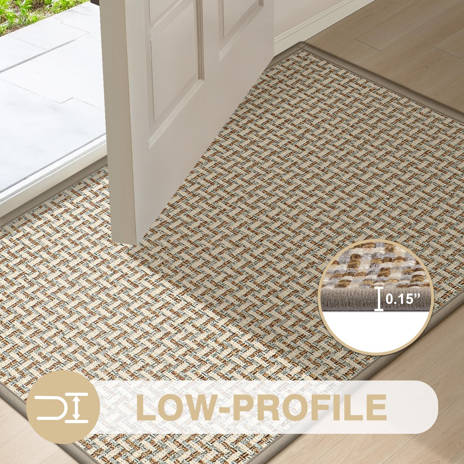 LEKEEPGO Ultra Thin Indoor Door Mat 17"x29", Low-Profile Door Mat Indoor Entrance, Non Slip Rubber Backing Inside Doormat Washable Welcome Front Entryway Dirt Trapper Entry Mat, Khaki
