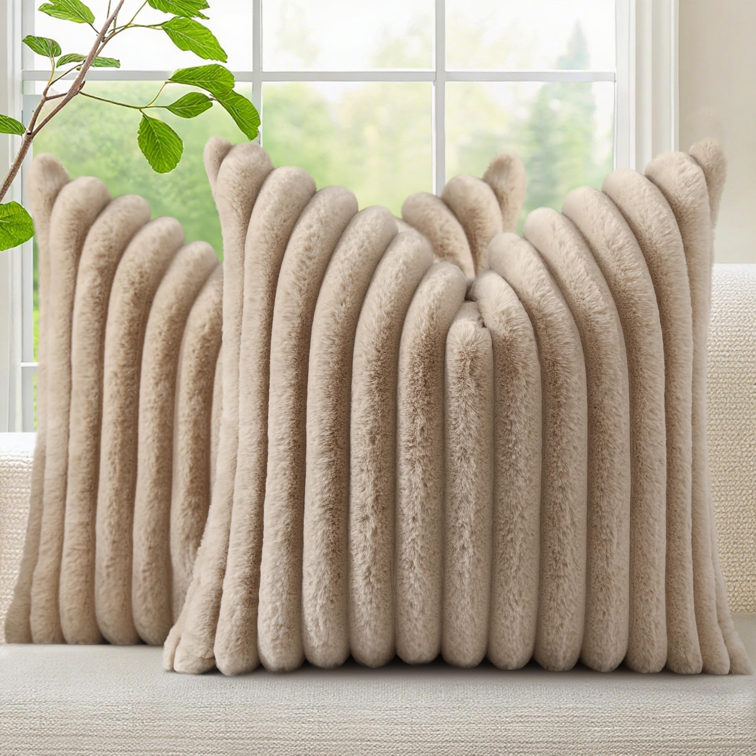 decorUhome Cozy Faux Fur Spring Throw Pillow Covers 18x18 Set of 2 Decorative Soft Plush Striped Modern Farmhouse Boho Couch Pillow Cases with Velvet Back for Sofa Bed Living Room, Cream White