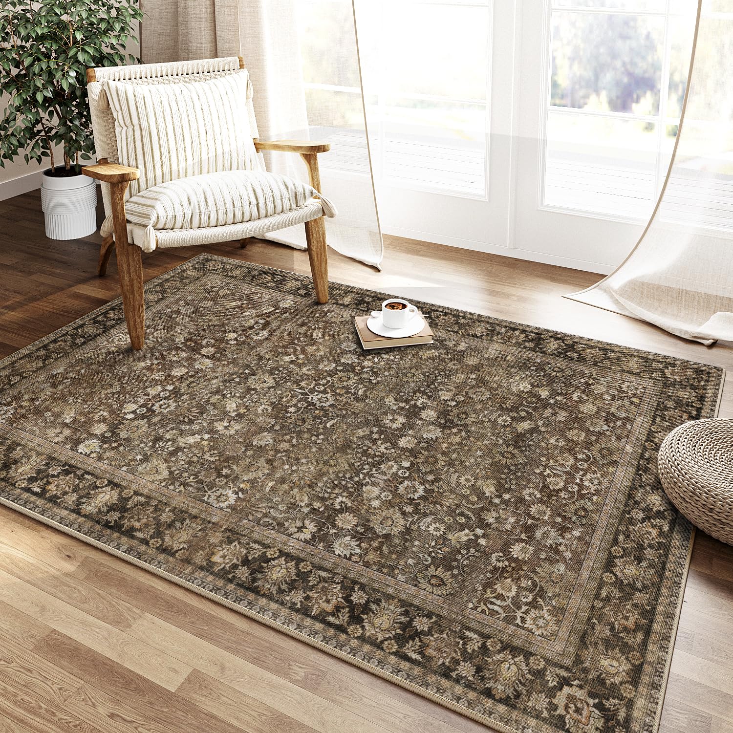HUGEAR 5x7 Machine Washable Rugs Brown Hallway Area Rug Indoor Accent Rug Floral Low Pile Carpet Soft Throw Aesthetic Rug Bedroom Living Room Office Dining Room Kitchen Laundry Room Non Slip