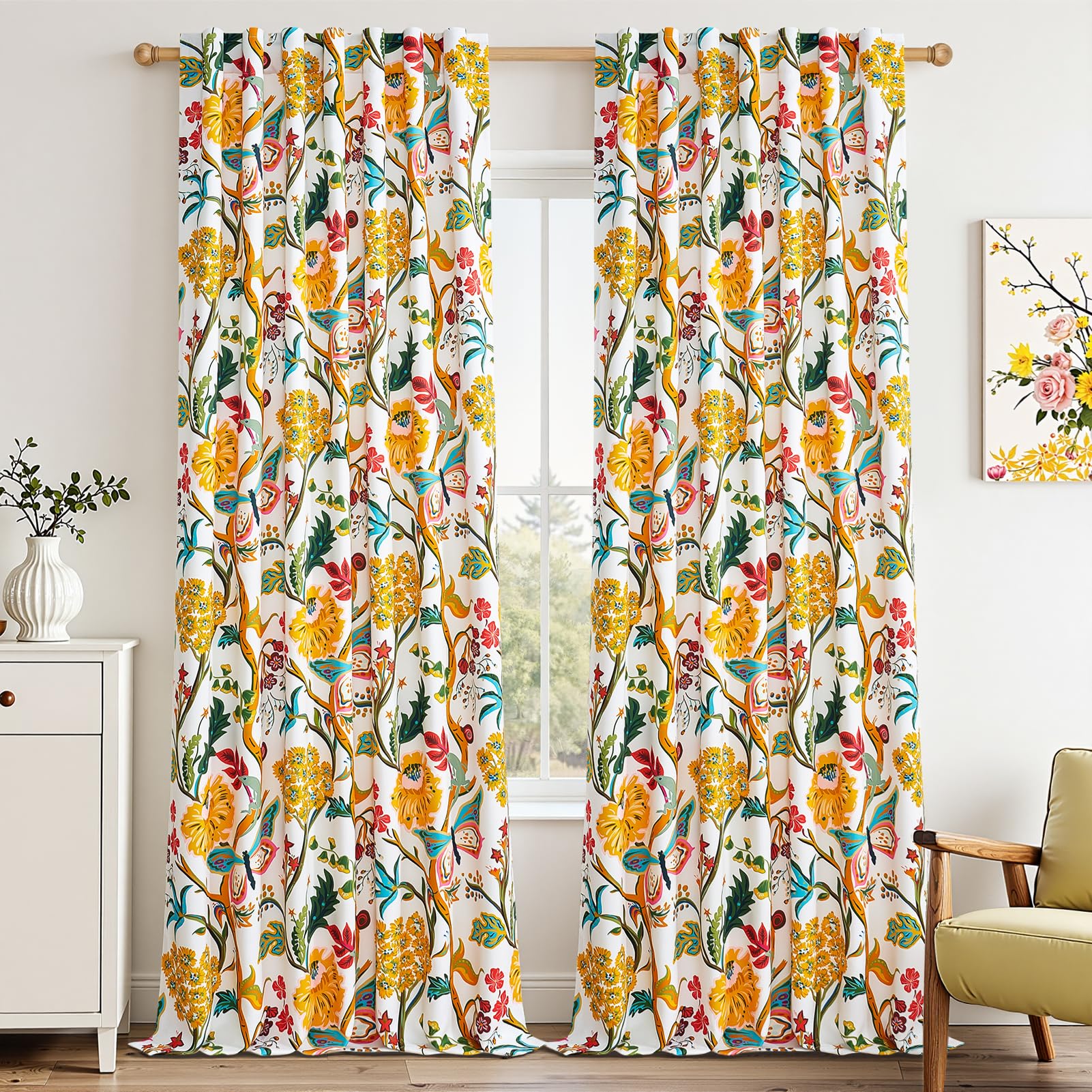Topfinel Mustard Yellow Curtains 84 Inches Long 2 Panels for Bedroom Living Room Daffodil Butterfly Country Tropical Floral Drapes Vintage Farmhouse Light Filtering Privacy Window Curtain Blackout