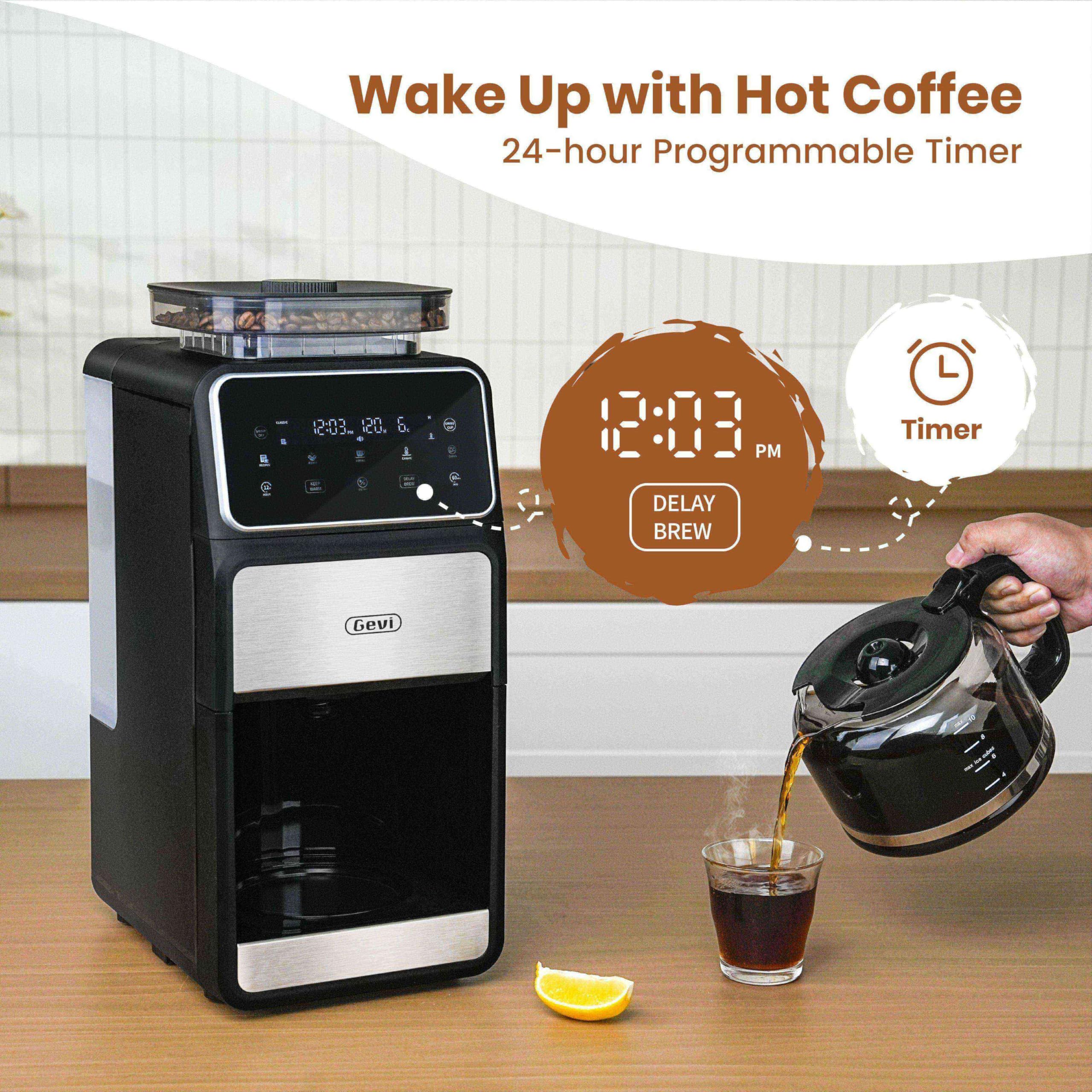 Gevi 10-Cup Drip Coffee Maker with Built-in Burr Grinder & Programmable Timer, 1.5L Water Tank, Auto Keep-Warm, Reusable Filter - Fresh Ground Coffee Machine (Black)