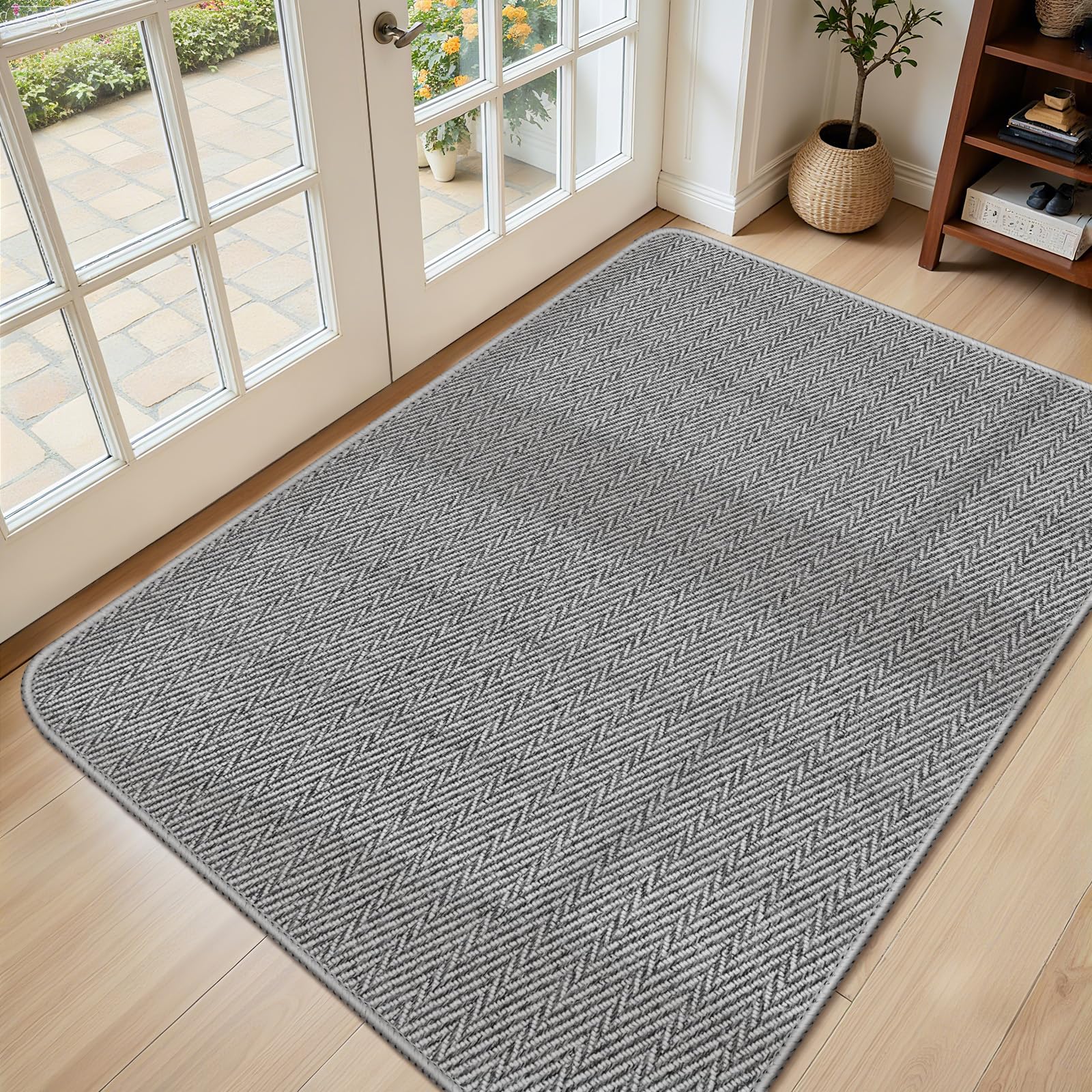 Ultra Thin Door Mat Indoor Entrance 17"x29", Low-Profile Indoor Door Mat, Non Slip Entry Mat Rubber Backing Unique Herringbone Design Inside Doormat Dirt Trapper Entryway Mats, Beige