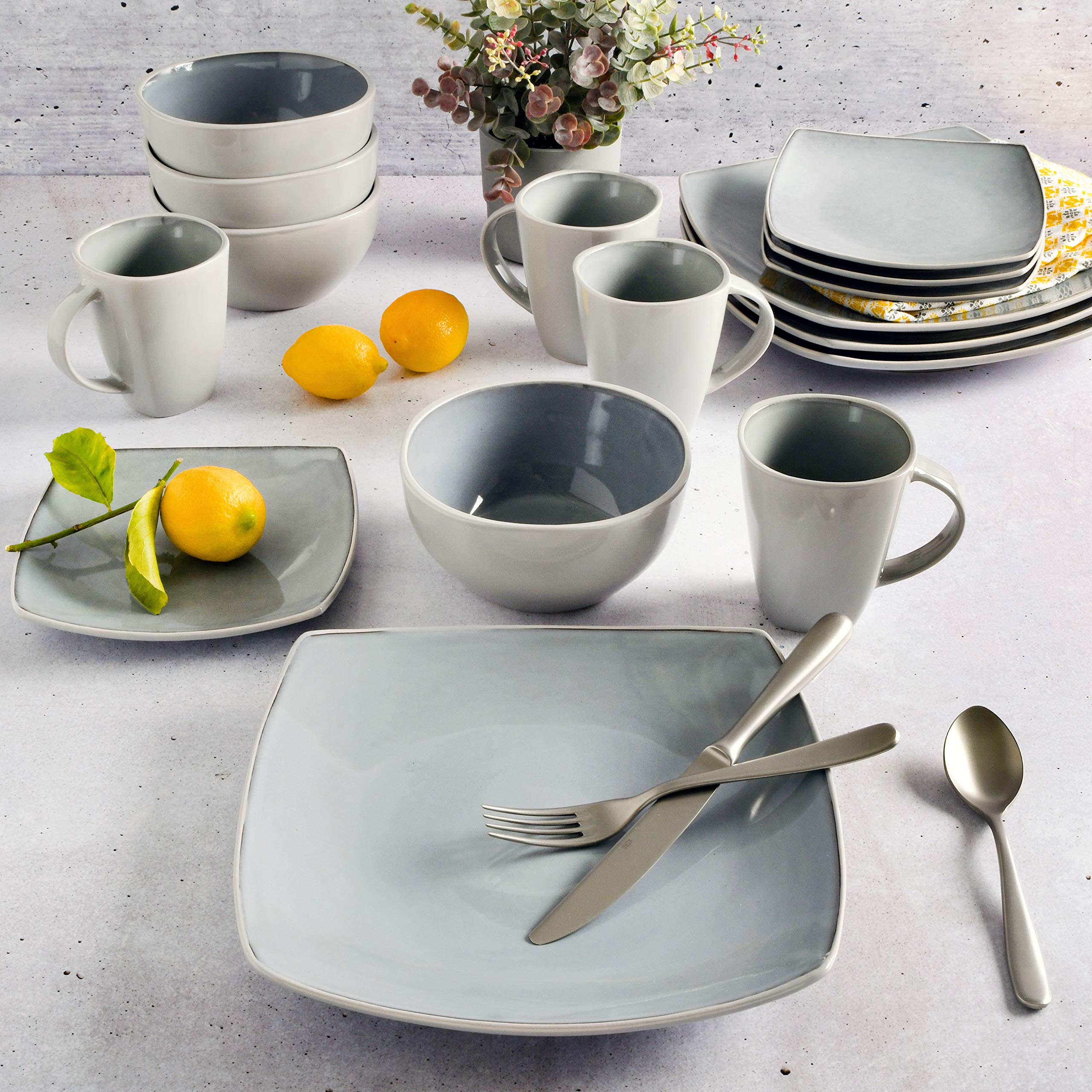 Gibson Elite Soho Lounge Square 16-Piece Dinnerware Set, Service for 4, Reactive Glaze Stoneware Plates and Bowls, Modern Dishes, Microwave & Dishwasher Safe – Red and Black