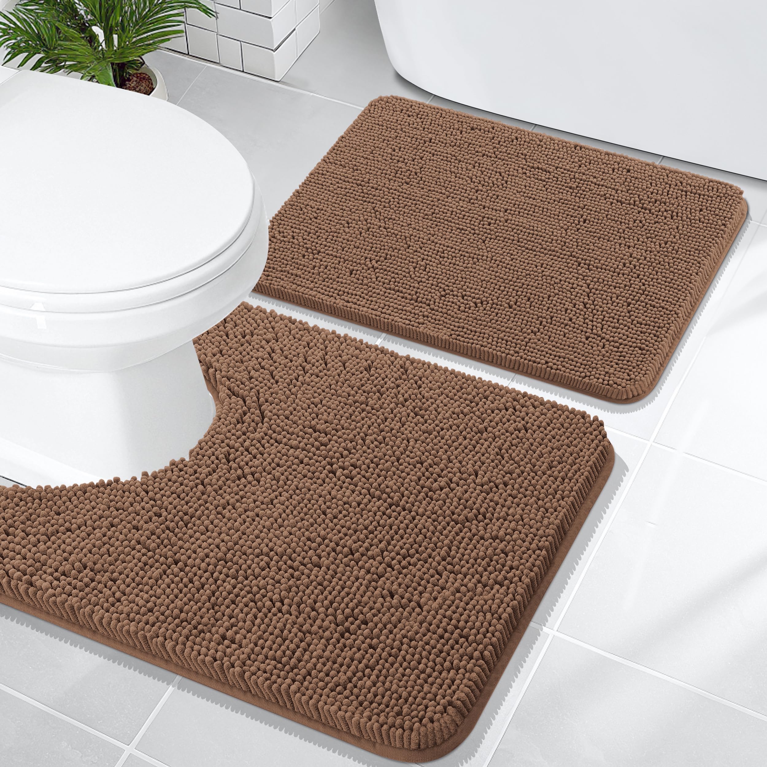 OLANLY Bathroom Rugs Sets 2 Piece, Soft Absorbent Chenille Bath Mats and U-Shaped Contour Toilet Mat Area Rug Set, Machine Washable Bath Carpet, Home Decor Accessories(30"x20"+24"x20", Grey)