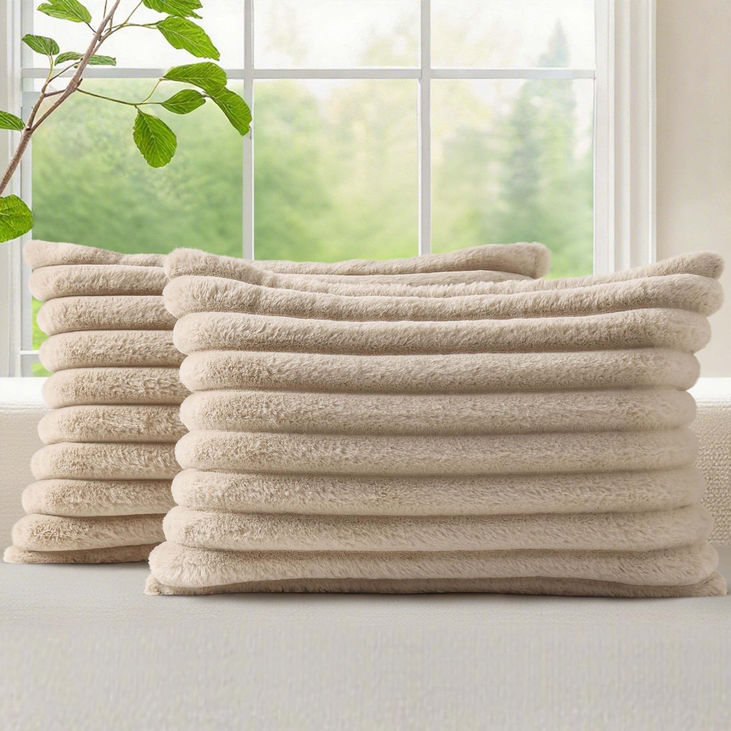 decorUhome Cozy Faux Fur Spring Throw Pillow Covers 18x18 Set of 2 Decorative Soft Plush Striped Modern Farmhouse Boho Couch Pillow Cases with Velvet Back for Sofa Bed Living Room, Cream White
