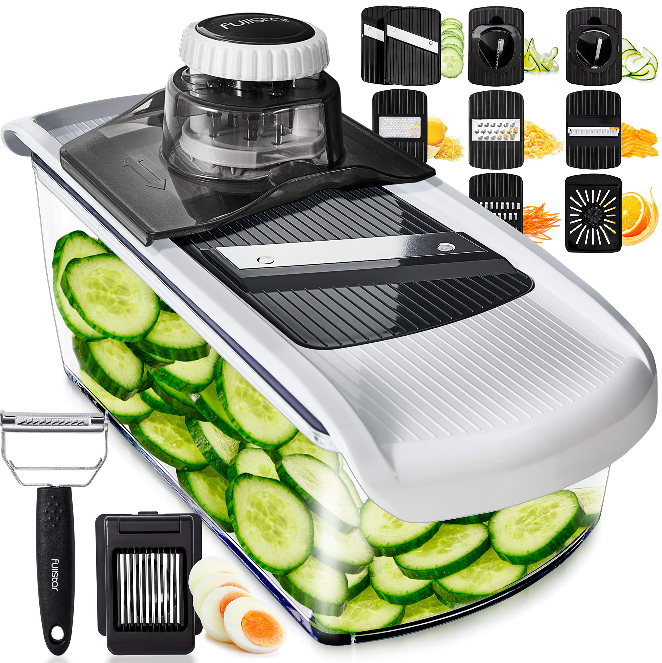 Fullstar Mandoline Slicer for Kitchen, Fruit Cutter, Cheese Grater, Cucumber Slicer, Veggie Spiralizer, Food Cutter & Kitchen Gadgets & Gifts with Safety Glove (6 in 1, White)