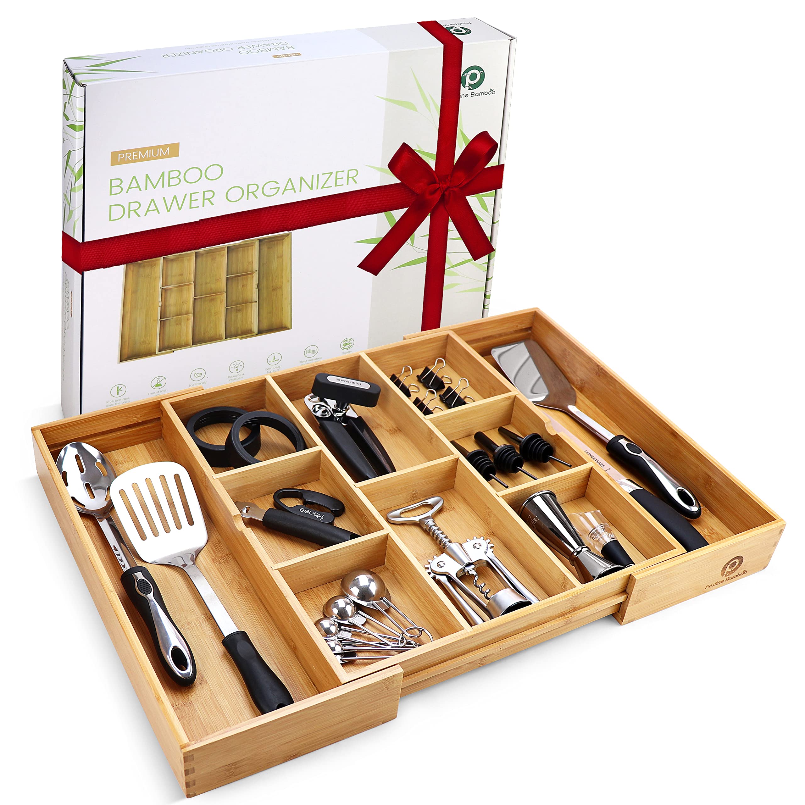 Silverware Organizer - Expandable Kitchen Drawer Organizer - Adjustable Kitchen Drawer Organizer for Utensils, Expandable to 22 Inches Wide, 10 Compartments, Silverware Tray for Drawer