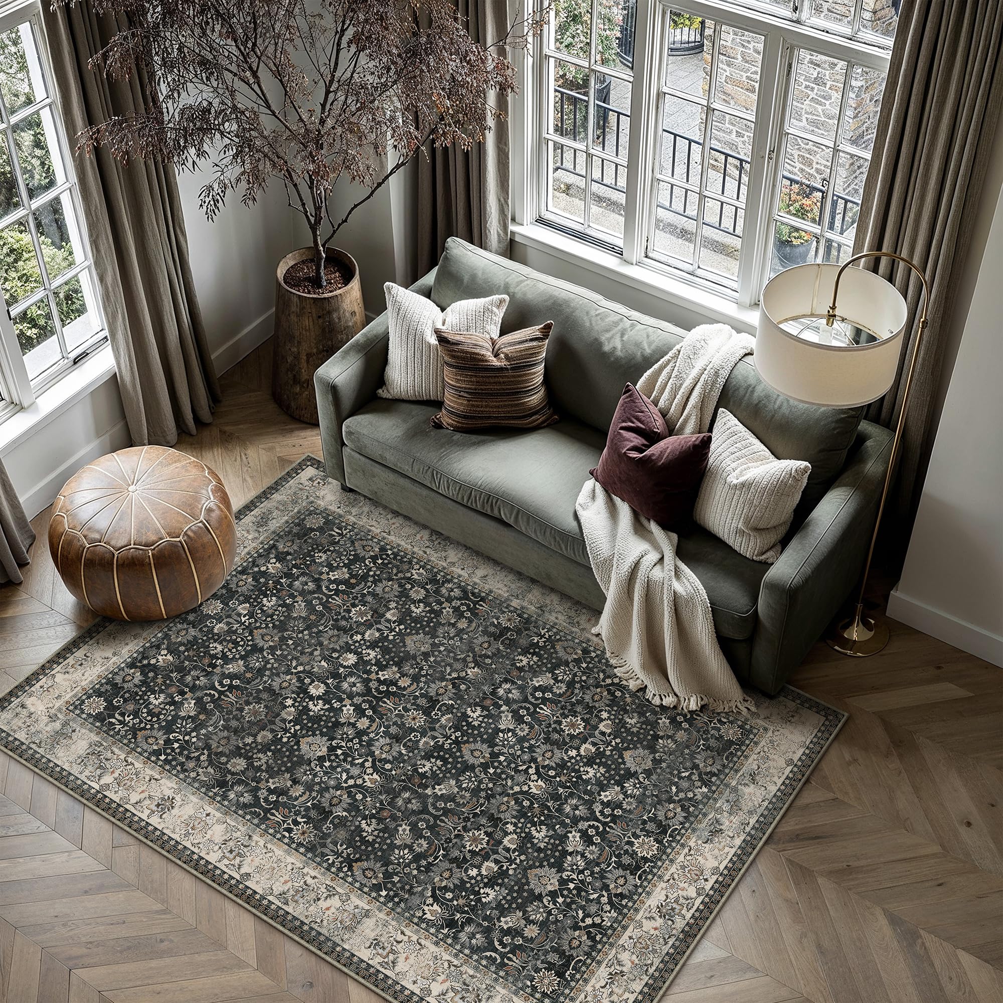 HUGEAR 5x7 Machine Washable Rugs Brown Hallway Area Rug Indoor Accent Rug Floral Low Pile Carpet Soft Throw Aesthetic Rug Bedroom Living Room Office Dining Room Kitchen Laundry Room Non Slip