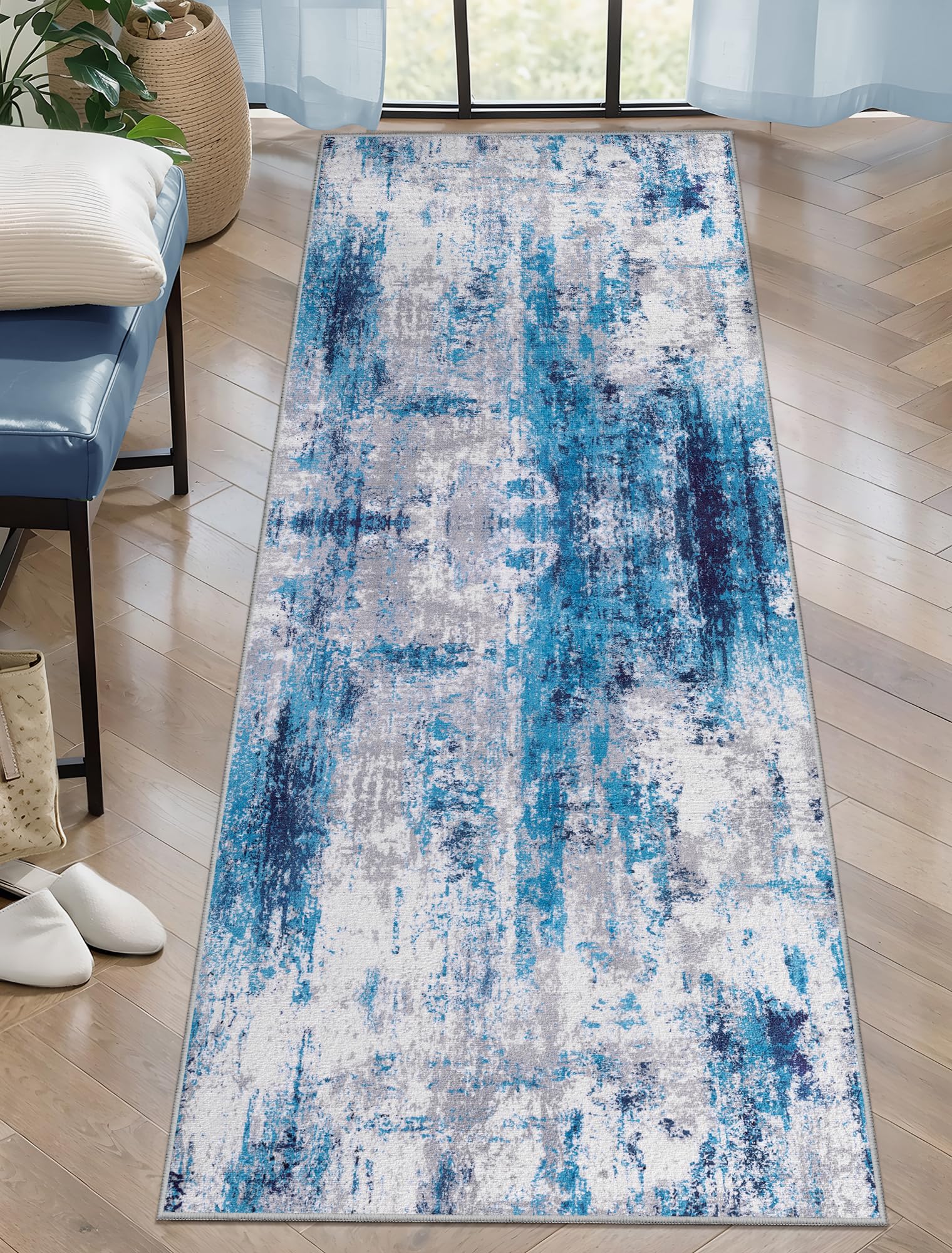Ciicool Modern Abstract Area Rug 2x3 Washable Small Entryway Rug, Non-Slip Low Pile Throw Rug, Foldable Kitchen Bathroom Rugs, Blue Grey Floor Carpet for Entrance Living Room Bedroom Indoor Doormat