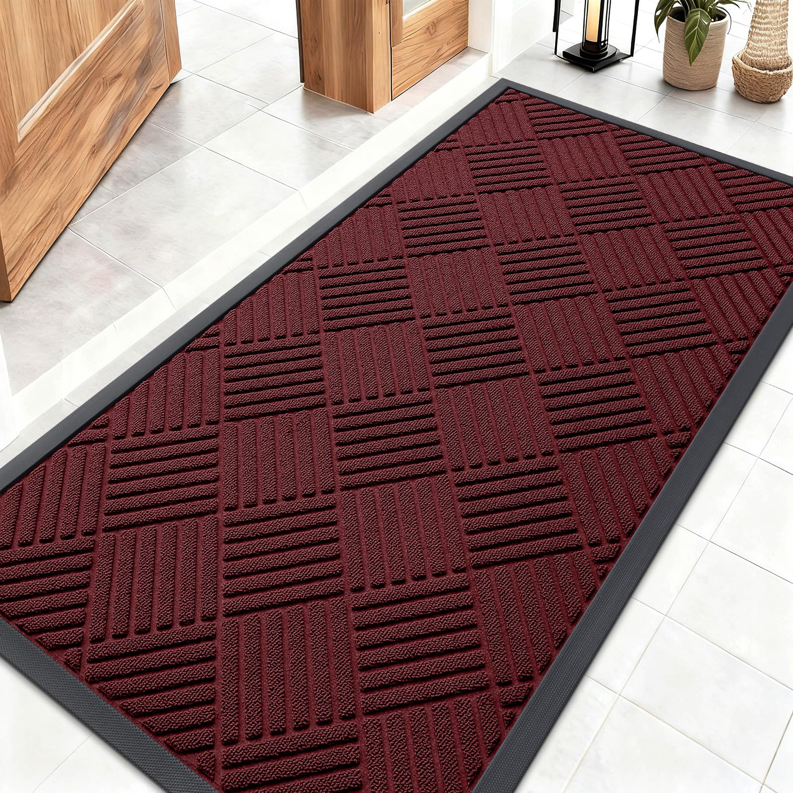 OLANLY Front Door Mat Outside Entrance 29.5x17, Absorbent, Heavy Duty Sturdy Natural Rubber Doormat Indoor Outdoor, Stain and Fade Resistant, Non-Slip Low Profile Floor Mat for Entryway, Grey Diamond