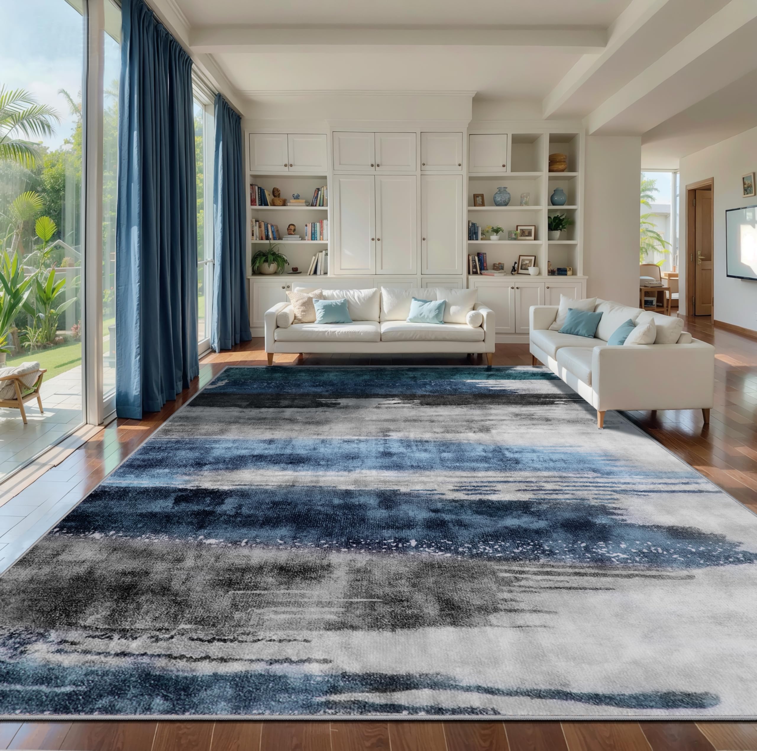 Ciicool Modern Abstract Area Rug 2x3 Washable Small Entryway Rug, Non-Slip Low Pile Throw Rug, Foldable Kitchen Bathroom Rugs, Blue Grey Floor Carpet for Entrance Living Room Bedroom Indoor Doormat
