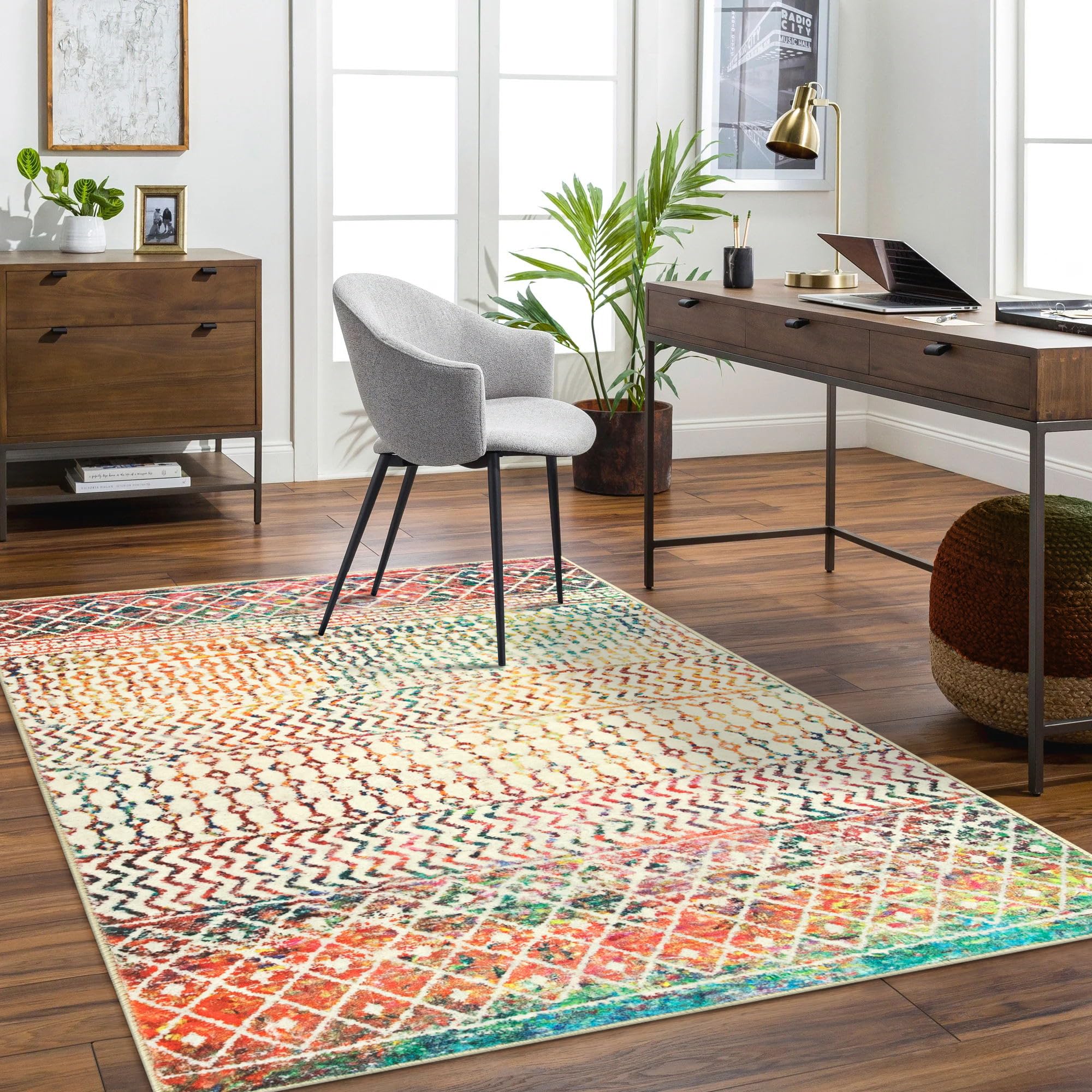 Moroccan Washable Rugs, 2x3 Light Grey Rug Non-Slip Small Distressed Entryway Rugs, Soft Low-Pile Bedroom Rug Indoor Doormat Carpet for Entryway Kitchen Bathroom