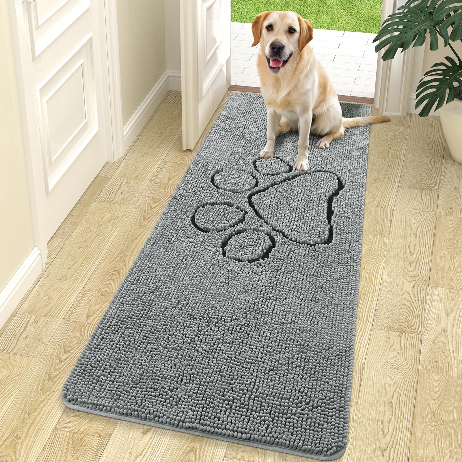 OLANLY Dog Door Mat for Muddy Paws 30x20, Absorbs Moisture and Dirt, Absorbent Non-Slip Washable Doormat, Quick Dry Chenille Mud Mat for Dogs, Entry Indoor Entryway Carpet for Inside Floor, Grey