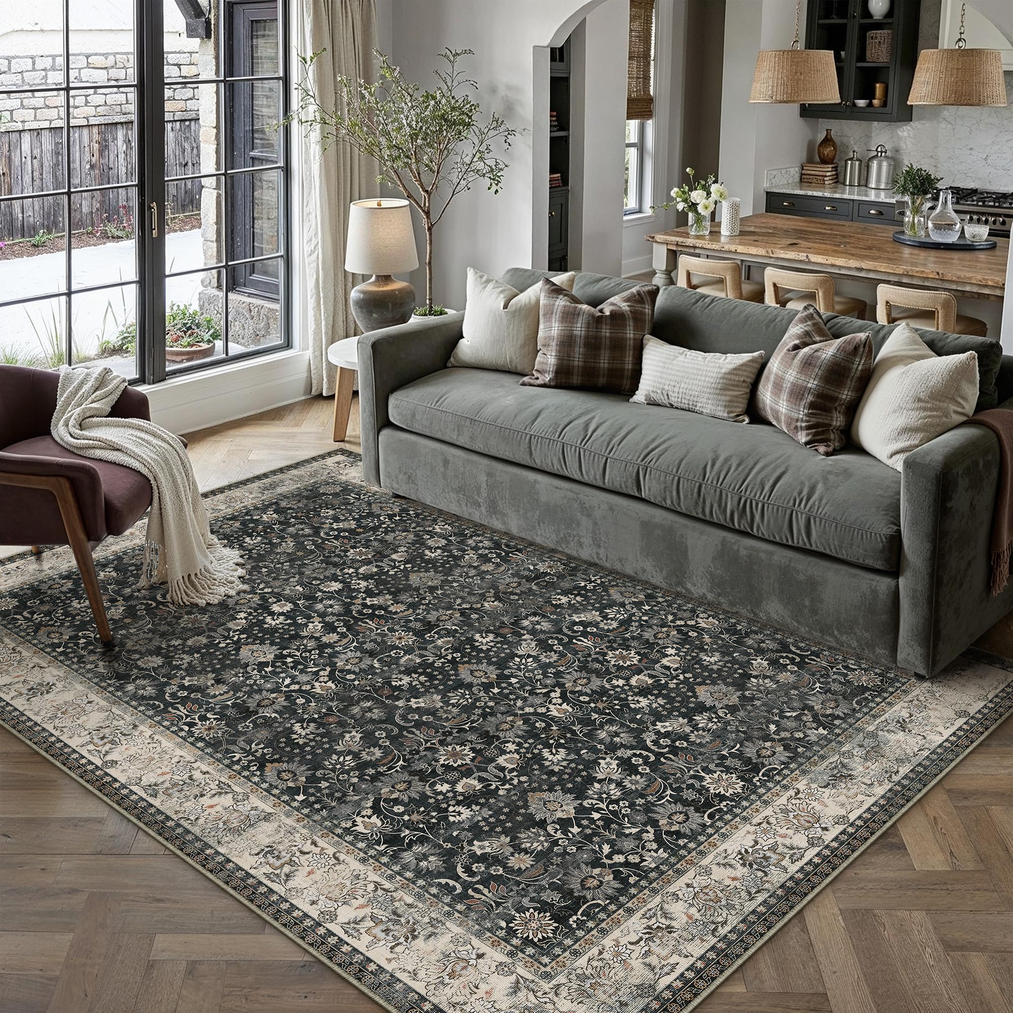 HUGEAR 5x7 Machine Washable Rugs Brown Hallway Area Rug Indoor Accent Rug Floral Low Pile Carpet Soft Throw Aesthetic Rug Bedroom Living Room Office Dining Room Kitchen Laundry Room Non Slip