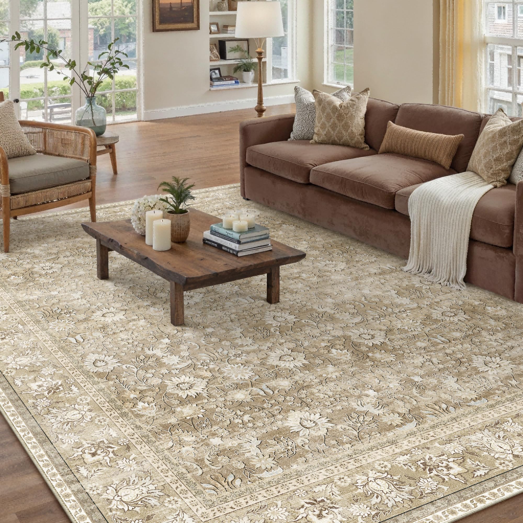 HUGEAR 5x7 Machine Washable Rugs Brown Hallway Area Rug Indoor Accent Rug Floral Low Pile Carpet Soft Throw Aesthetic Rug Bedroom Living Room Office Dining Room Kitchen Laundry Room Non Slip