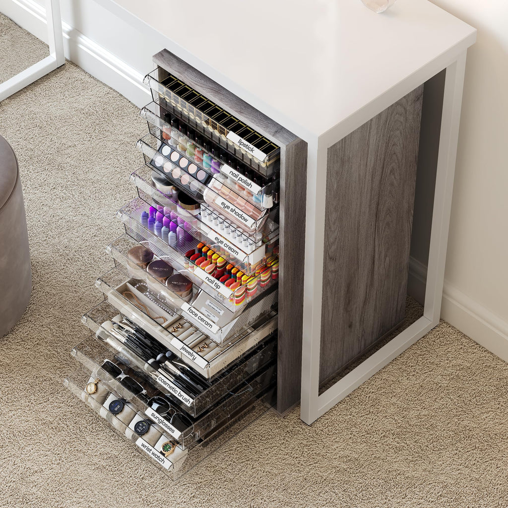 WOPITUES Storage Drawer Cart, Mobile Storage Cabinet, Makeup Storage with 10 Large Clear Drawers, Utility Wooden Rolling Cart on Wheels, for Cosmetic, Art Craft, Office Supplies, Toy, White