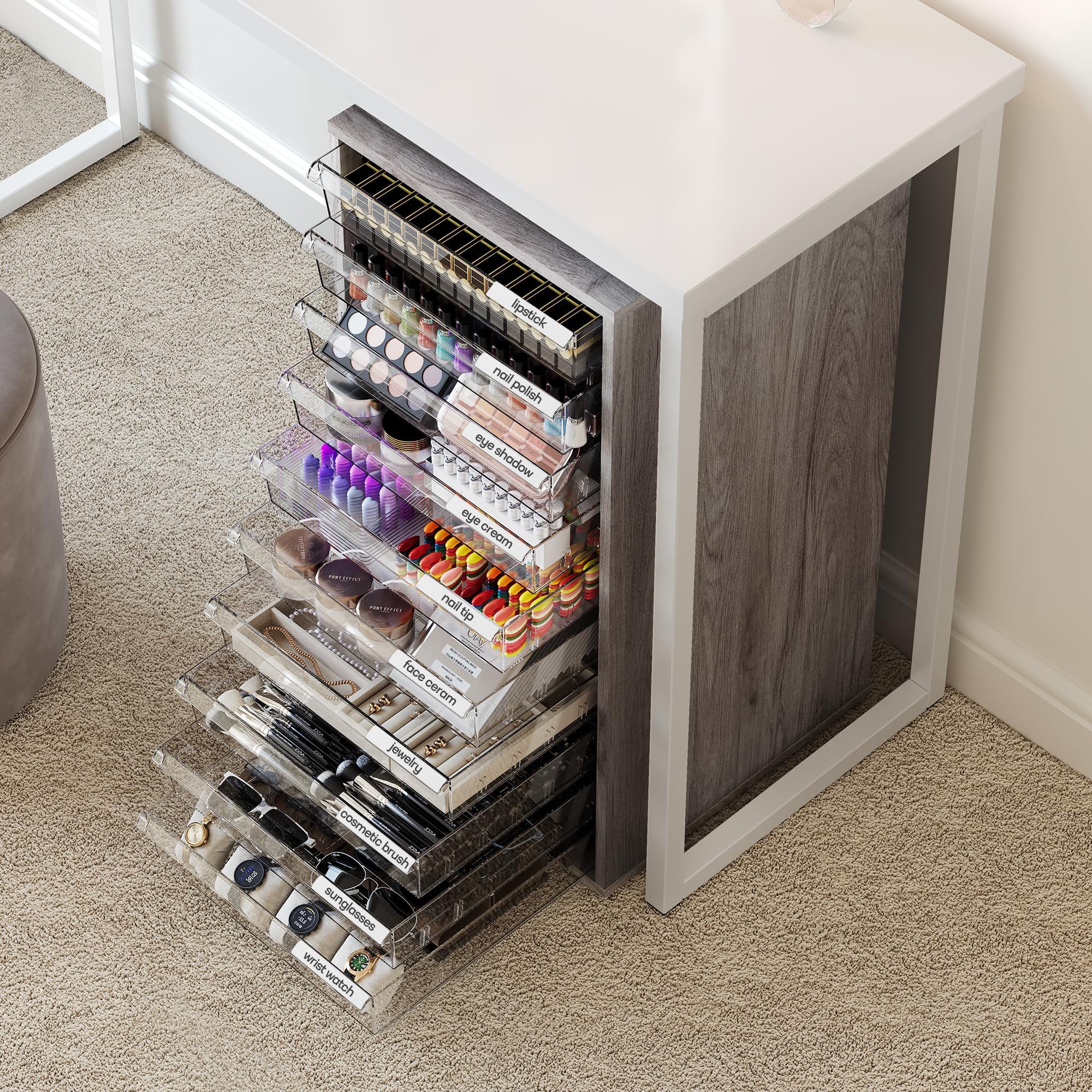 WOPITUES Storage Drawer Cart, Mobile Storage Cabinet, Makeup Storage with 10 Large Clear Drawers, Utility Wooden Rolling Cart on Wheels, for Cosmetic, Art Craft, Office Supplies, Toy, White