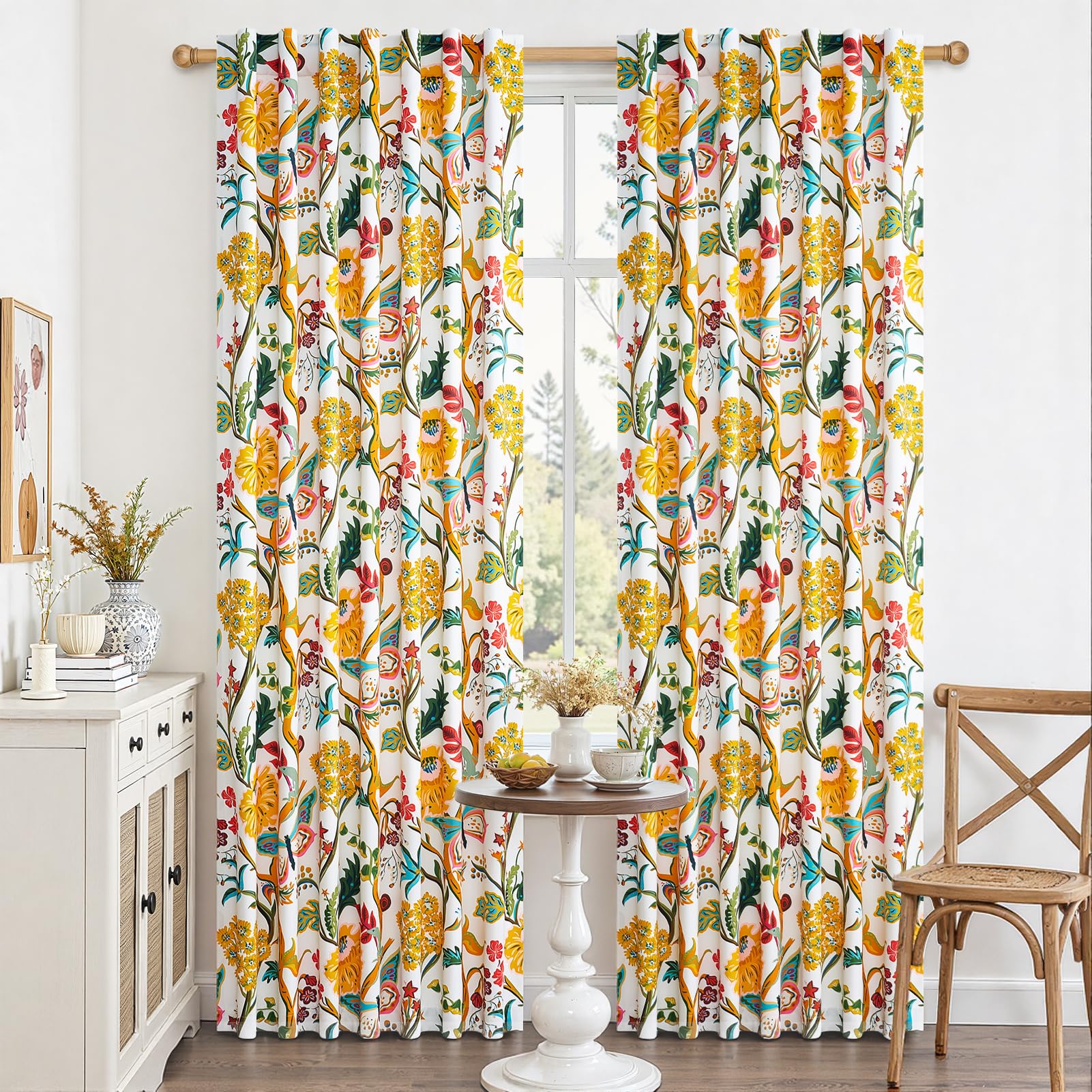 Topfinel Mustard Yellow Curtains 84 Inches Long 2 Panels for Bedroom Living Room Daffodil Butterfly Country Tropical Floral Drapes Vintage Farmhouse Light Filtering Privacy Window Curtain Blackout