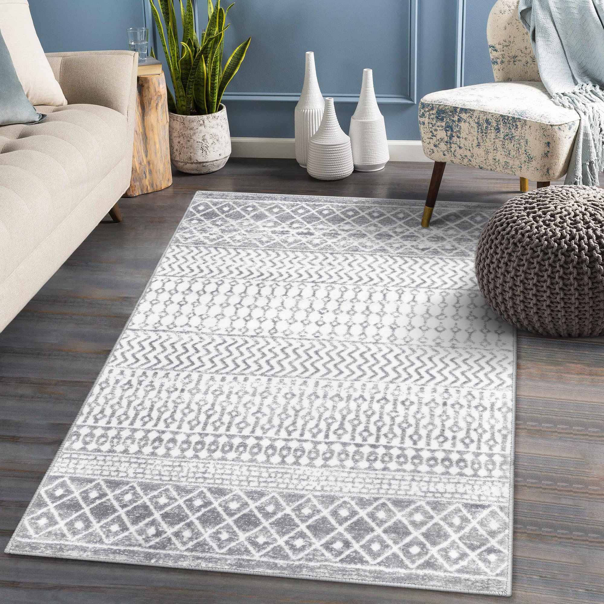 Moroccan Washable Rugs, 2x3 Light Grey Rug Non-Slip Small Distressed Entryway Rugs, Soft Low-Pile Bedroom Rug Indoor Doormat Carpet for Entryway Kitchen Bathroom