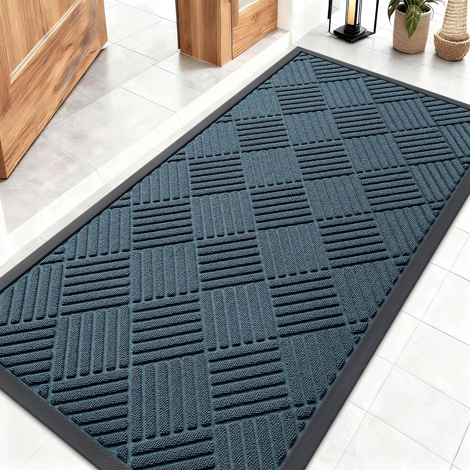 OLANLY Front Door Mat Outside Entrance 29.5x17, Absorbent, Heavy Duty Sturdy Natural Rubber Doormat Indoor Outdoor, Stain and Fade Resistant, Non-Slip Low Profile Floor Mat for Entryway, Grey Diamond